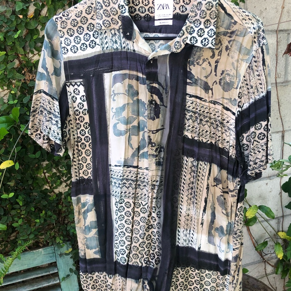 Zara Dark Blue & Cream Mixed Print Short Sleeve Button-Up